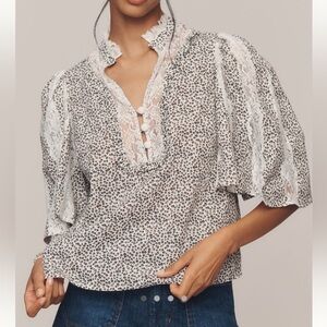 By Anthropologie cape-sleeve lace-trim blouse